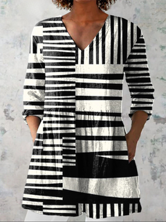 Women’s Blouse – V-Neck with Black and White Graphic Pattern
