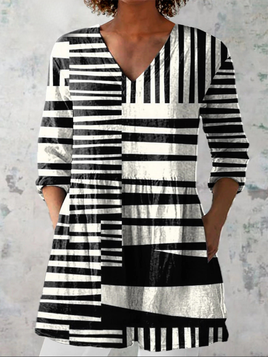 Women’s Blouse – V-Neck with Black and White Graphic Pattern
