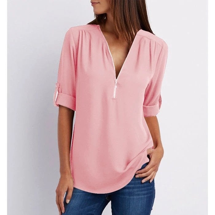 Women’s Blouse – Zip-Neck Flowing Blouse with Roll-Up Sleeves