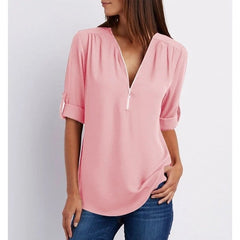 Women’s Blouse – Zip-Neck Flowing Blouse with Roll-Up Sleeves