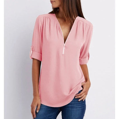 Women’s Blouse – Zip-Neck Flowing Blouse with Roll-Up Sleeves