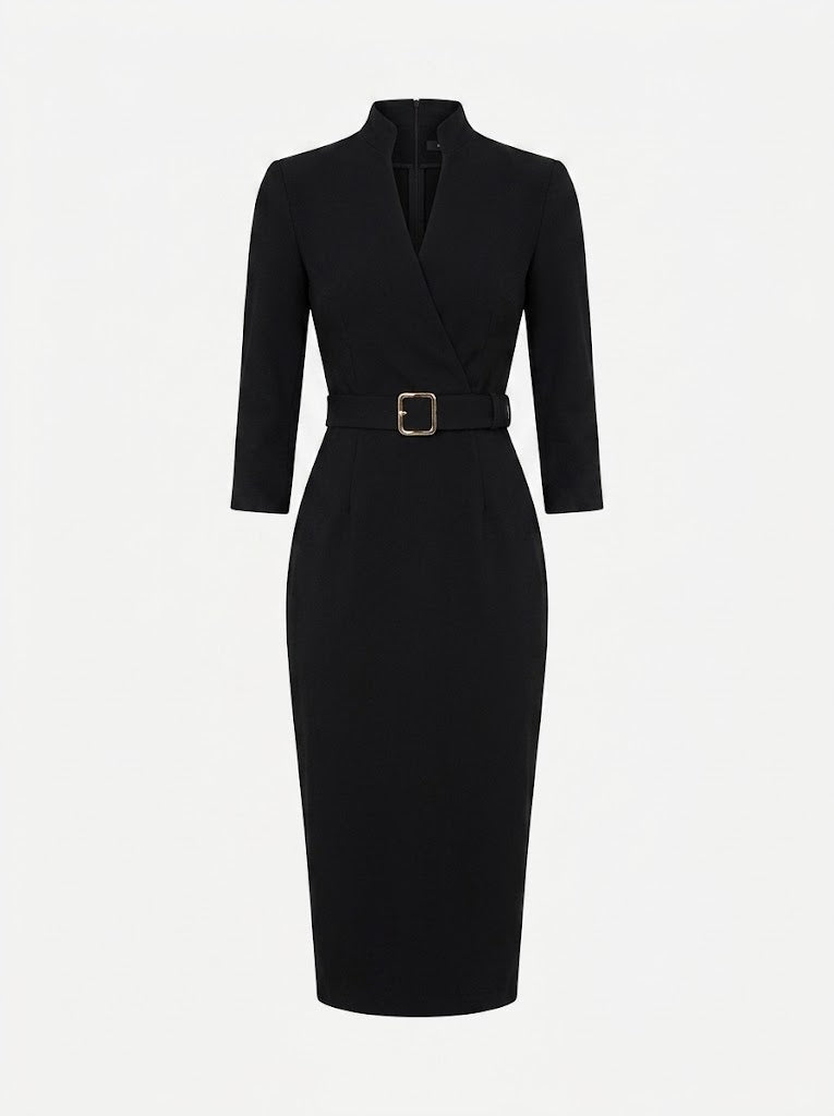 Women’s Belted Sheath Midi Dress – Tailored V-Neck Style for Office and Events