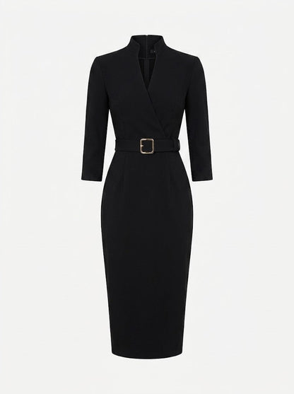 Women’s Belted Sheath Midi Dress – Tailored V-Neck Style for Office and Events