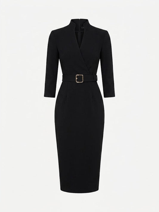 Women’s Belted Sheath Midi Dress – Tailored V-Neck Style for Office and Events