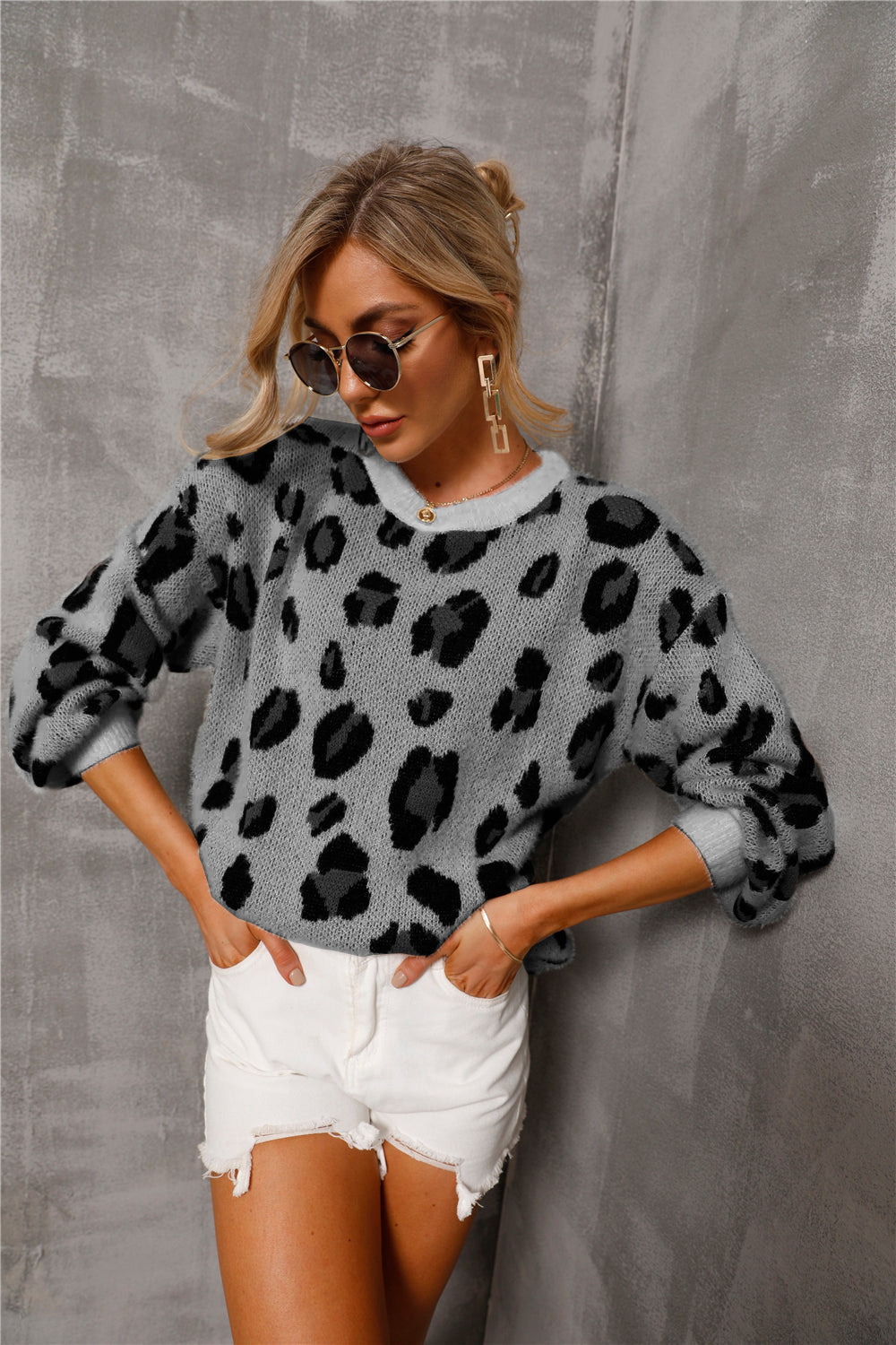 Women’s Fluffy Leopard Knit Sweater – Relaxed Crew-Neck Pullover for Casual Layering