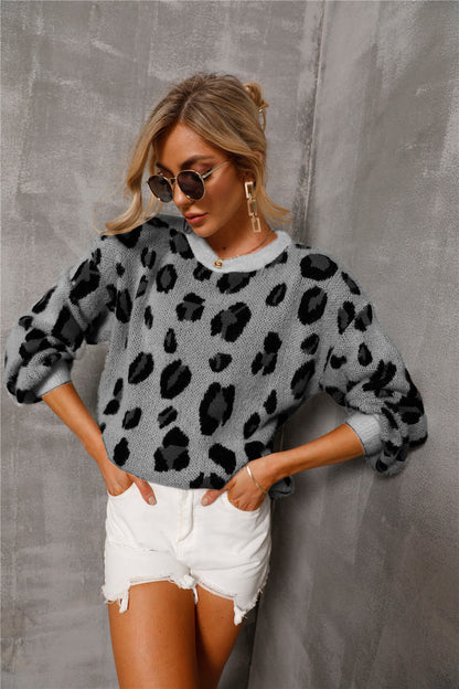 Women’s Fluffy Leopard Knit Sweater – Relaxed Crew-Neck Pullover for Casual Layering