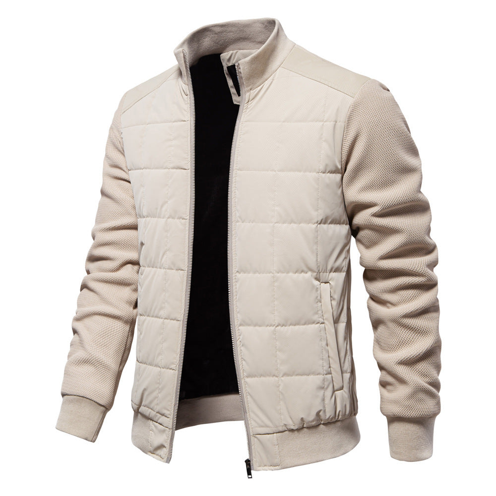 Men’s Quilted Hybrid Jacket – Knitted-Sleeve Zip-Up Layer with Stand Collar for Transitional Wear