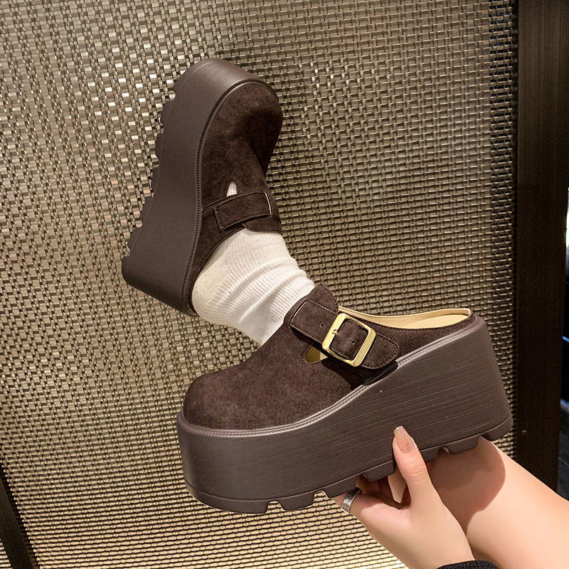 Chocolate buckle platform clog side view