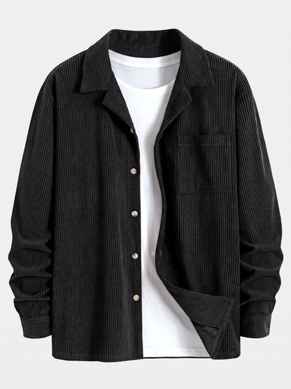 Men’s Cuban Collar Corduroy Set – Long-Sleeve Shirt and Straight Trousers for Cool-Weather Casual Style