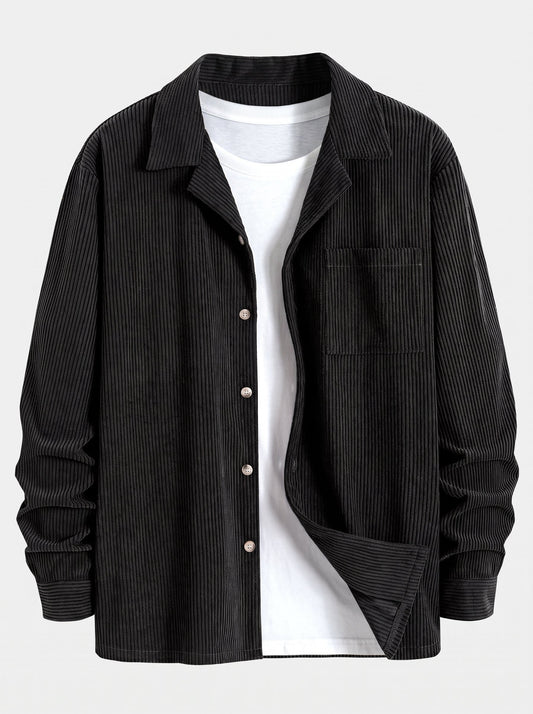 Men’s Cuban Collar Corduroy Set – Long-Sleeve Shirt and Straight Trousers for Cool-Weather Casual Style
