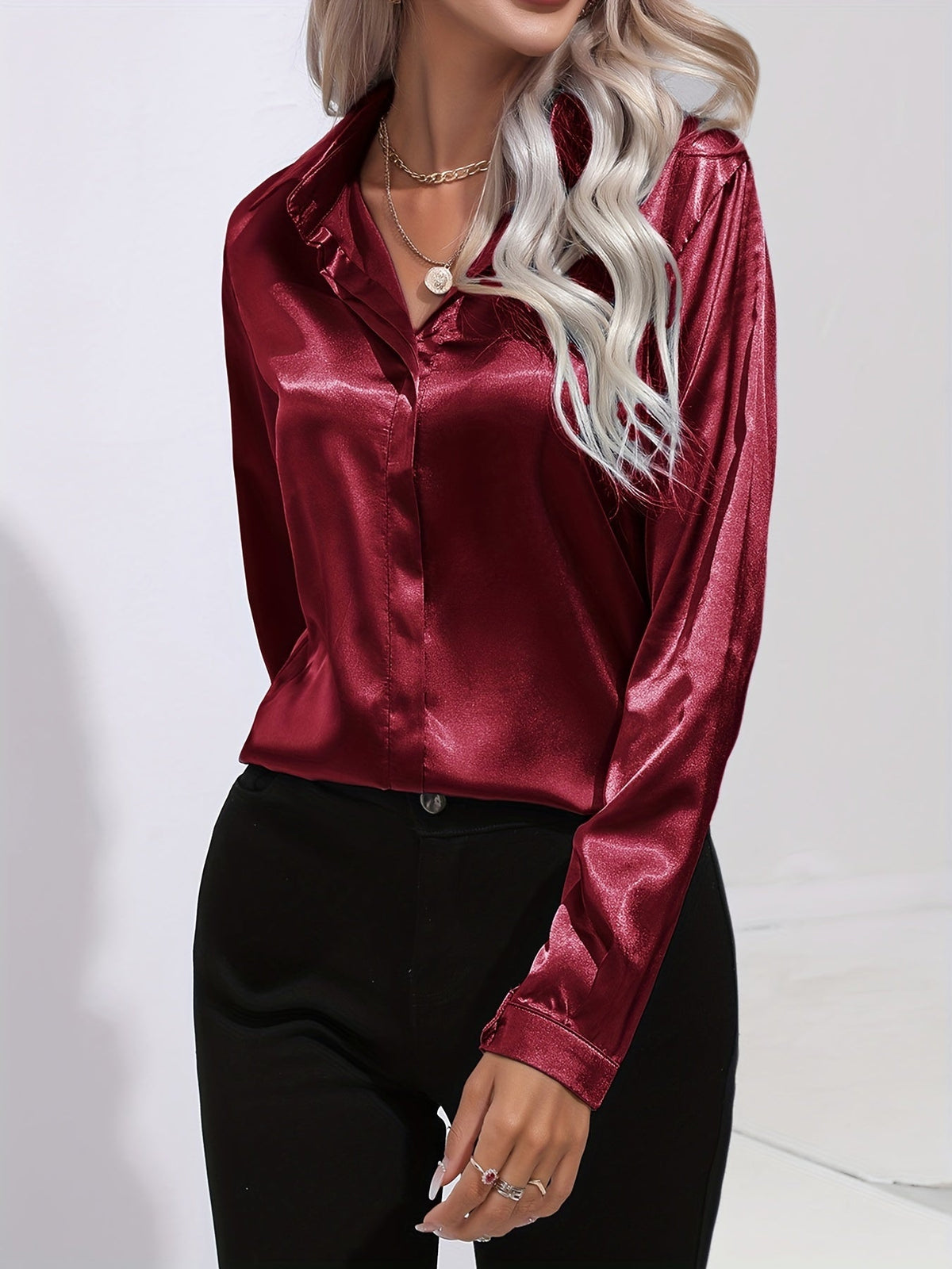 Women’s Satin Collared Blouse – Lustrous Long-Sleeve Style for Office and Evening Dressing