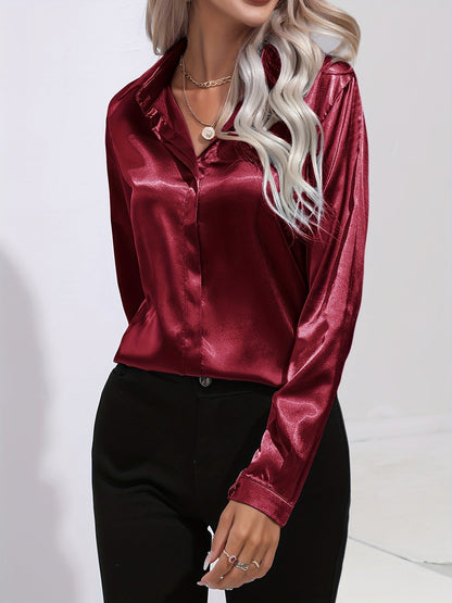 Women’s Satin Collared Blouse – Lustrous Long-Sleeve Style for Office and Evening Dressing