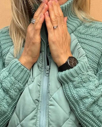 Women’s Quilted Jacket – Diamond-Quilted Jacket with Cable-Knit Sleeves