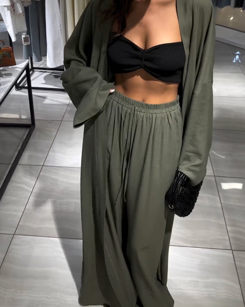 Women’s Linen Kimono Trouser Set – Longline Open-Front Layer with Relaxed Wide-Leg Trousers for Summer Wear