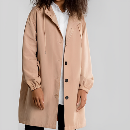 Women’s Longline Button-Front Raincoat – Lightweight Waterproof Hooded Jacket with Drawstring Collar for Wet-Weather Wear