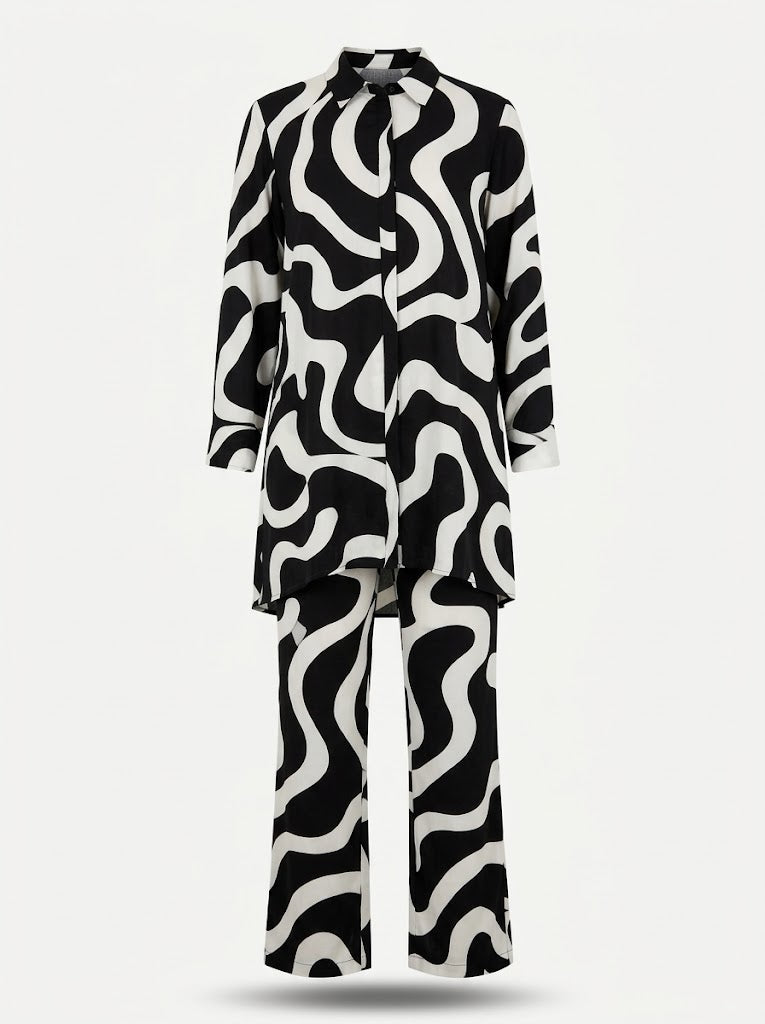 Women’s Printed Trouser Co-Ord Set – Relaxed Longline Button-Up Blouse with Elasticated Wide-Leg Trousers for Holidays and Weekend Wear