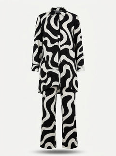 Women’s Printed Trouser Co-Ord Set – Relaxed Longline Button-Up Blouse with Elasticated Wide-Leg Trousers for Holidays and Weekend Wear
