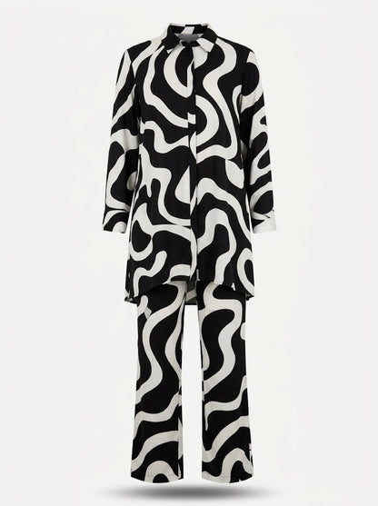 Women’s Printed Trouser Co-Ord Set – Relaxed Longline Button-Up Blouse with Elasticated Wide-Leg Trousers for Holidays and Weekend Wear