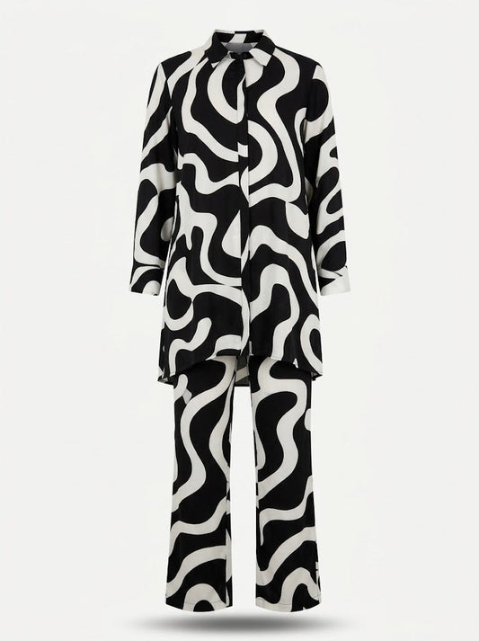 Women’s Printed Trouser Co-Ord Set – Relaxed Longline Button-Up Blouse with Elasticated Wide-Leg Trousers for Holidays and Weekend Wear