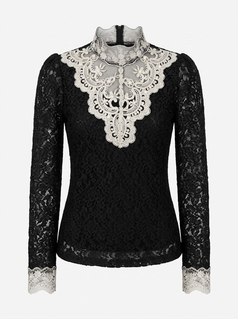 Women’s Embroidered Lace High-Neck Blouse – Sheer Long-Sleeve Style for Elegant Occasions