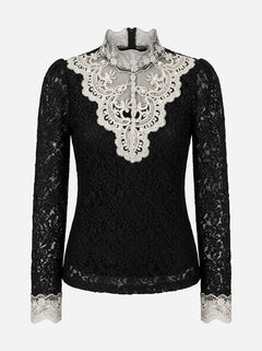 Women’s Embroidered Lace High-Neck Blouse – Sheer Long-Sleeve Style for Elegant Occasions