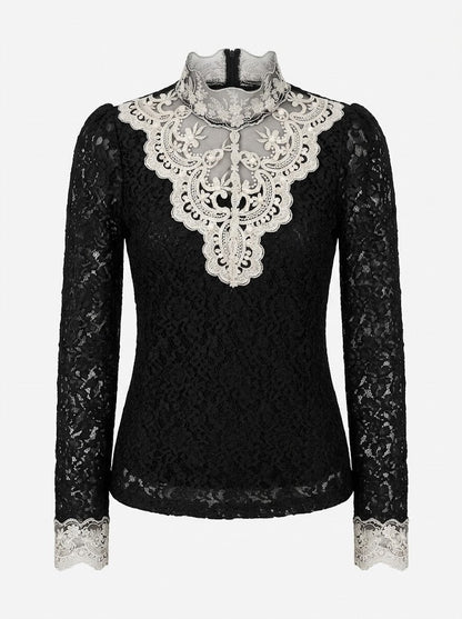 Women’s Embroidered Lace High-Neck Blouse – Sheer Long-Sleeve Style for Elegant Occasions