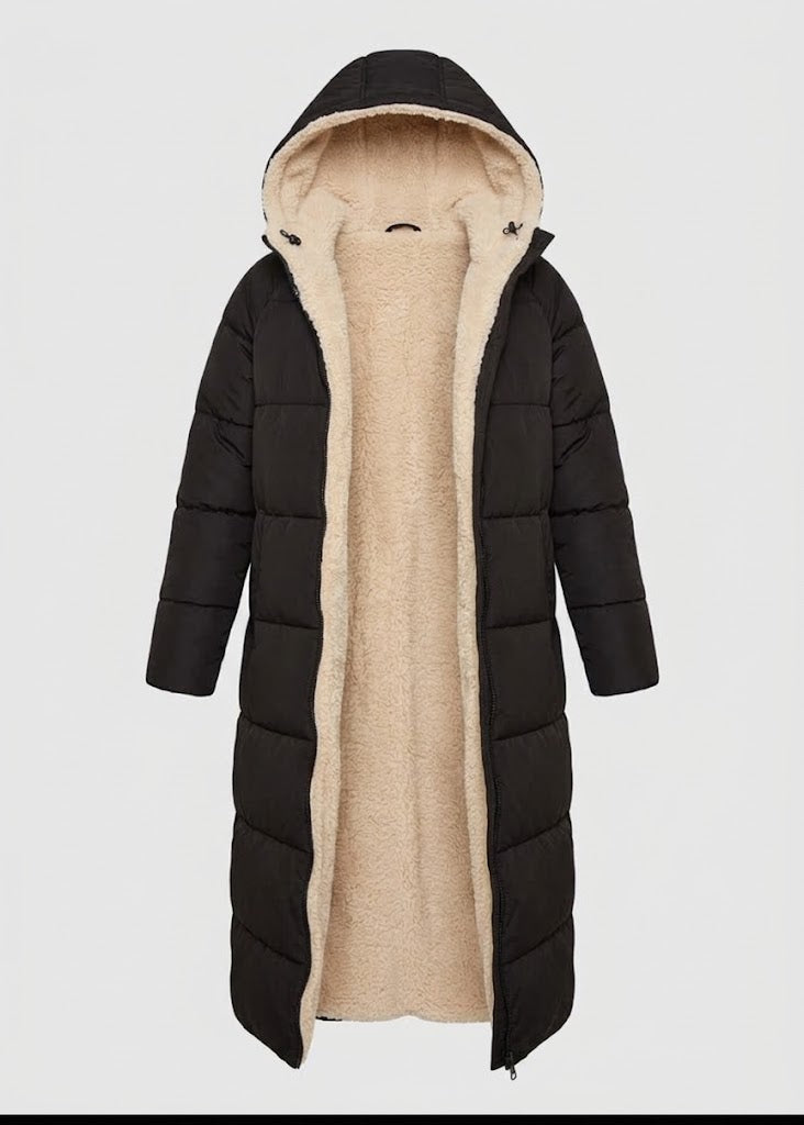 Women’s Sherpa-Lined Long Puffer Coat – Hooded Winter Layer for Cosy Coverage