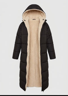 Women’s Sherpa-Lined Long Puffer Coat – Hooded Winter Layer for Cosy Coverage