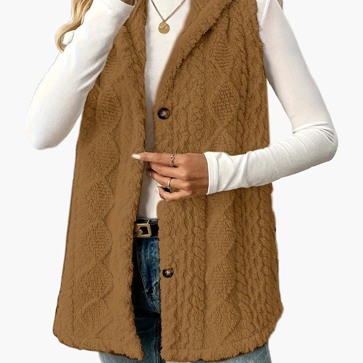 Women’s Long Knitted Waistcoat – Hooded with Button Front