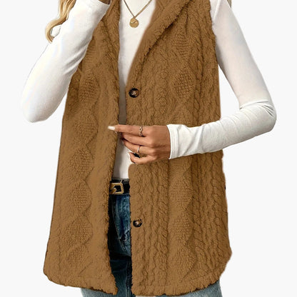 Women’s Long Knitted Waistcoat – Hooded with Button Front