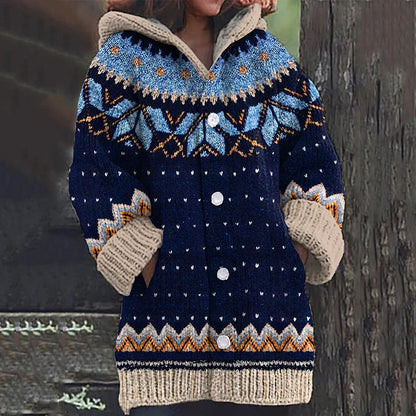 Women’s Hooded Cardigan – Nordic Fair Isle Knit with Patch Pockets