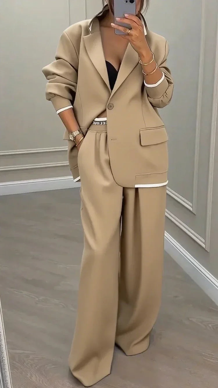 Women’s Oversized Blazer Trouser Set – Relaxed Single-Breasted Jacket with Wide-Leg Tailored Trousers