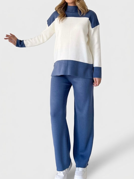 Women’s Colour-Block Knit Co-Ord Set – High-Neck Long-Sleeve Top with Wide-Leg Trousers for Casual Wear