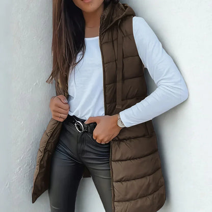 Women’s Longline Quilted Gilet – Hooded Body Warmer with Full-Length Zip