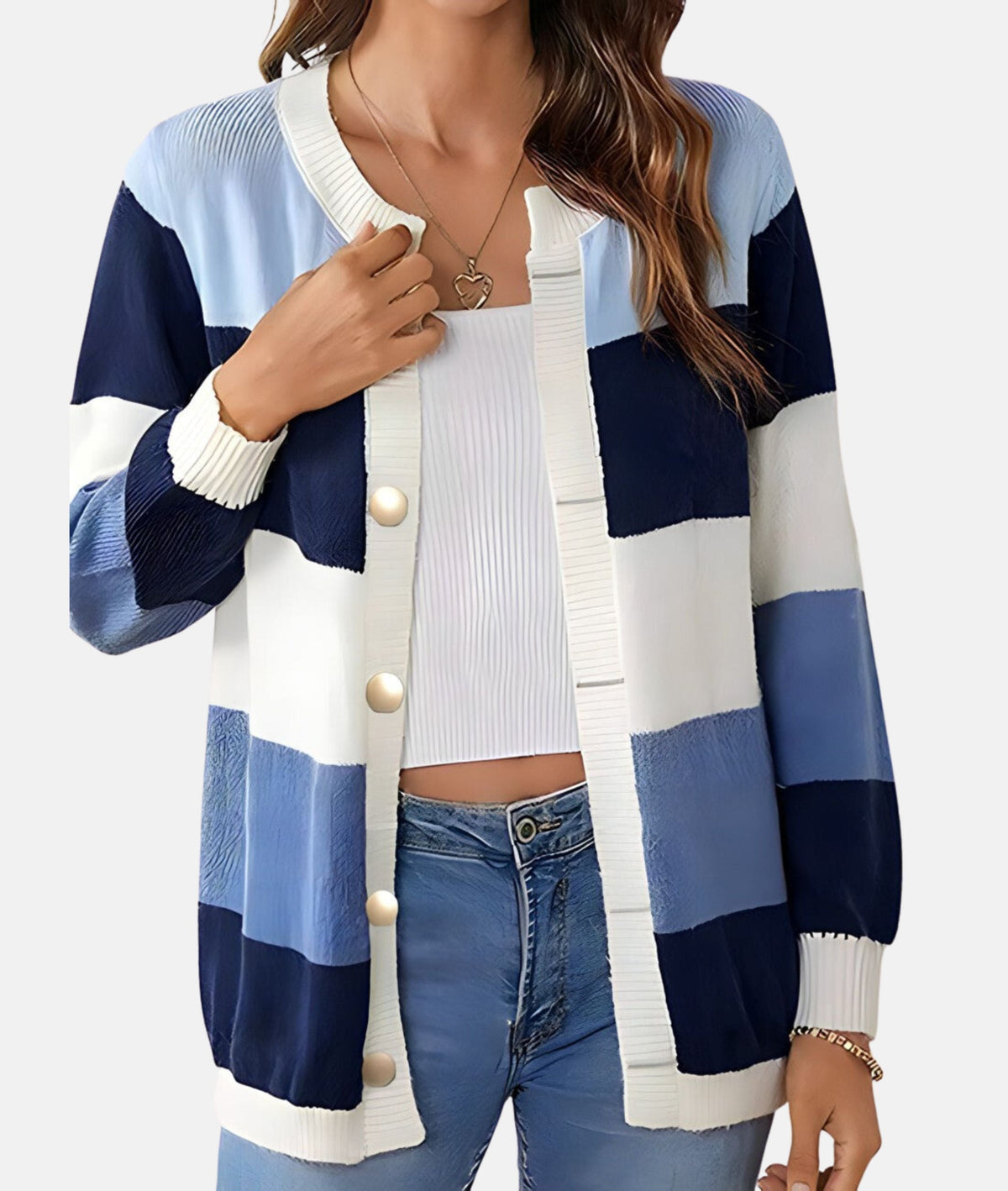 Women’s Colour-Block Button Cardigan – Relaxed Long-Sleeve Knit Layer with Ribbed Trim for Everyday Styling