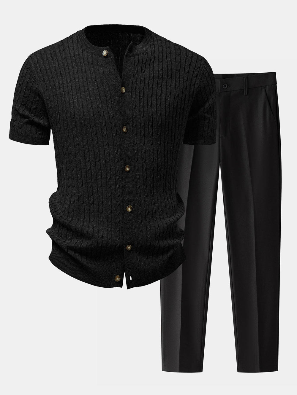 Men’s Cable-Knit Button Shirt with Tapered Trousers – Refined Smart Casual Set