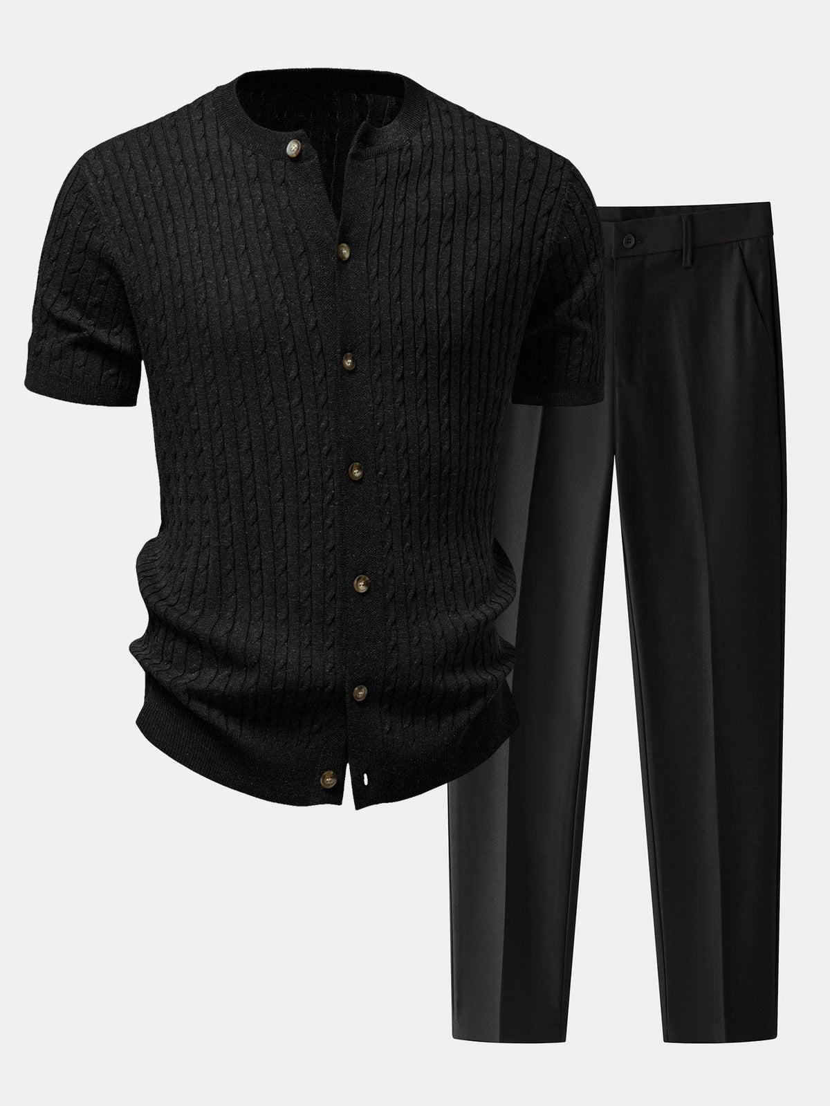 Men’s Cable-Knit Button Shirt with Tapered Trousers – Refined Smart Casual Set