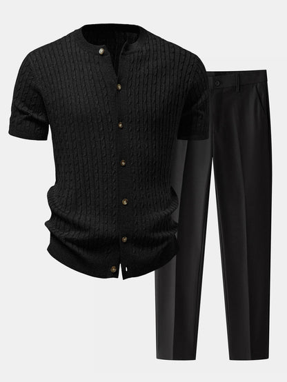 Men’s Cable-Knit Button Shirt with Tapered Trousers – Refined Smart Casual Set