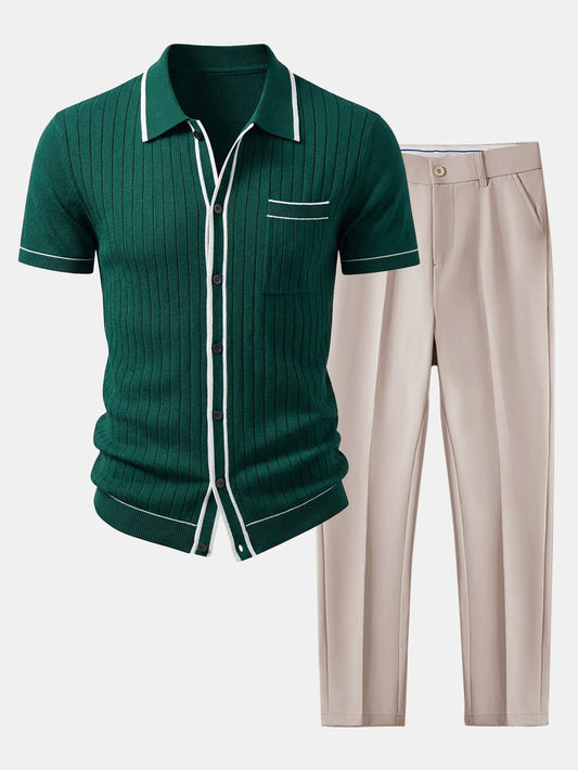 Men’s Ribbed Knit Button Shirt Set – Tailored Tapered Trousers for Smart Casual Dressing