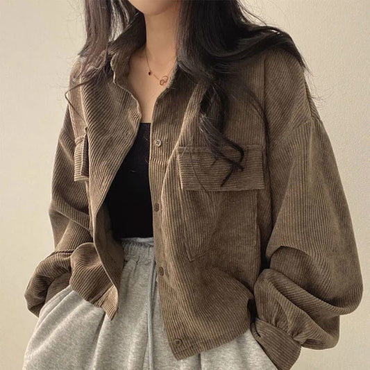 Women’s Relaxed Corduroy Button-Front Shacket – Casual Overshirt Layer for Autumn and Winter Wear