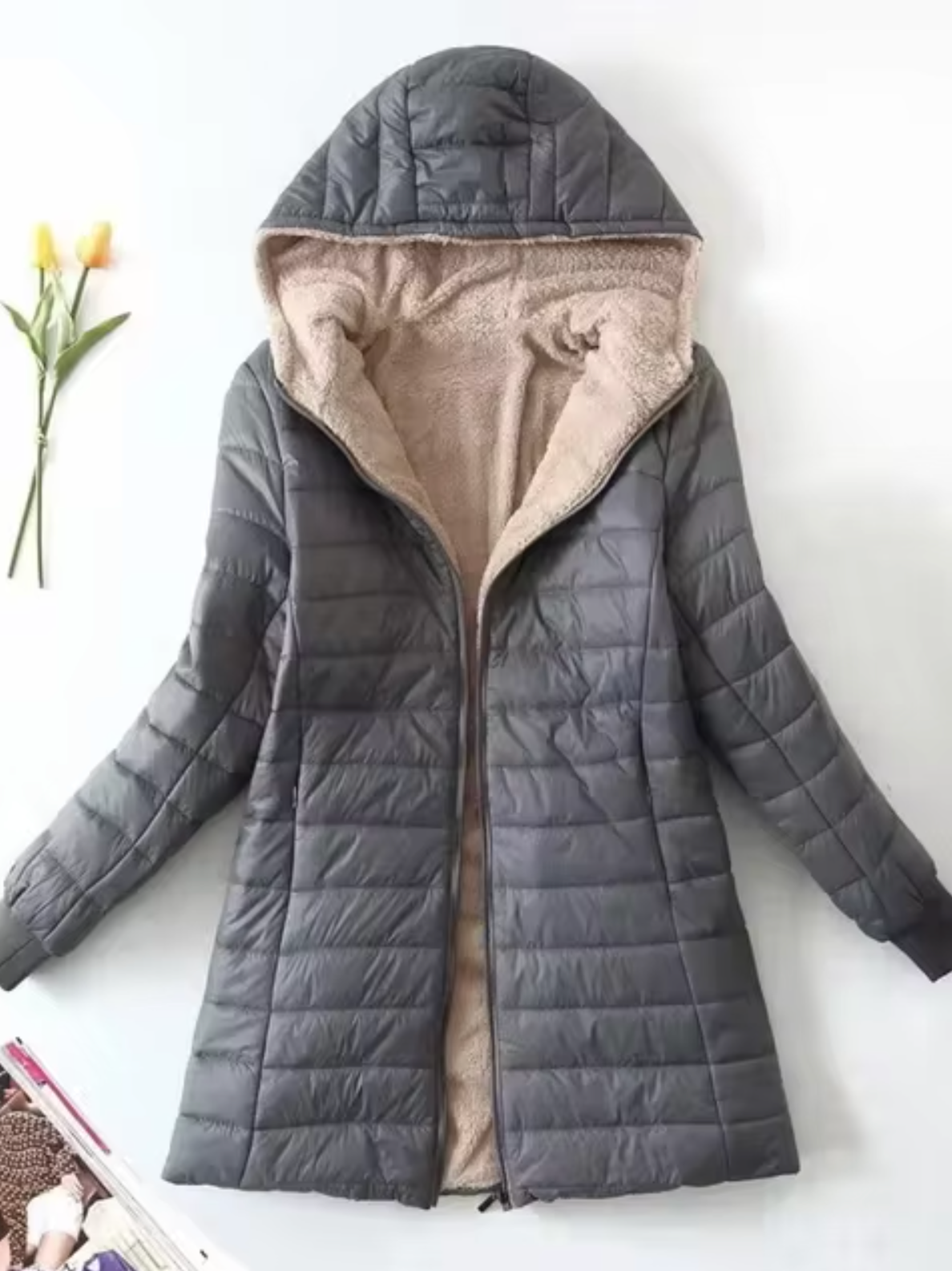 Women’s Plush Fleece-Lined Hooded Quilted Coat – Warm Mid-Length Winter Layer