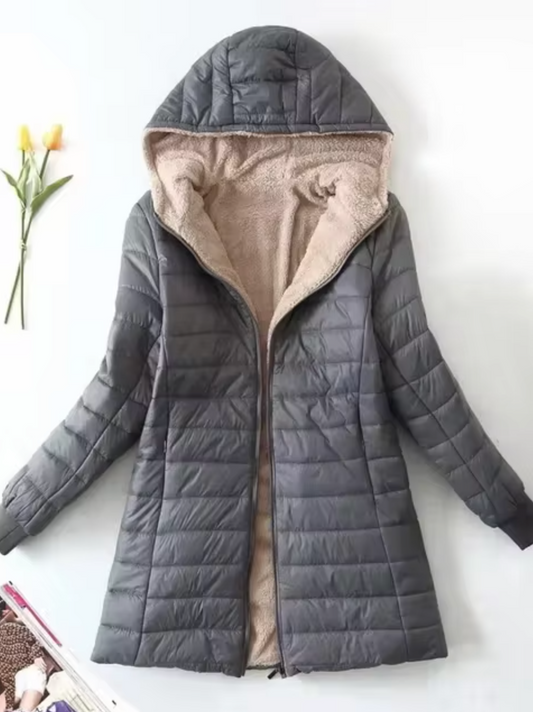 Women’s Plush Fleece-Lined Hooded Quilted Coat – Warm Mid-Length Winter Layer