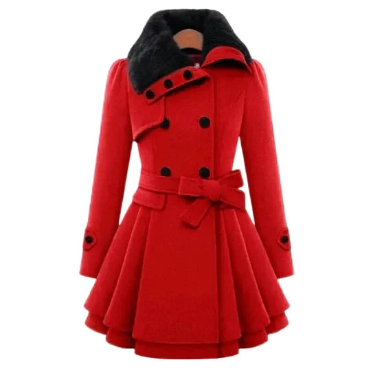 Women’s Faux-Fur Collar Fit-and-Flare Coat – Belted Tailored Layer for Elegant Winter Styling