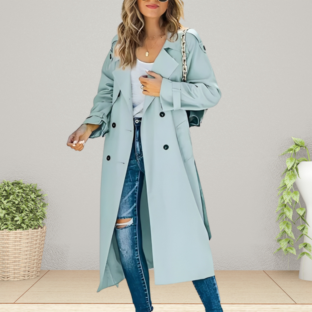 Women’s Long Trench Coat – Double-Breasted with Tie Belt
