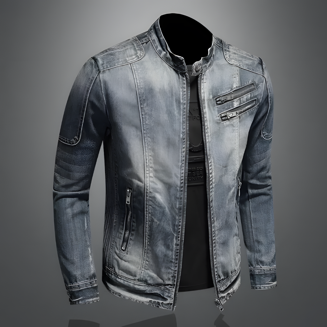Men’s Vintage Denim Biker Jacket – Distressed Zip-Front Layer with Stand Collar and Multi-Zip Pockets