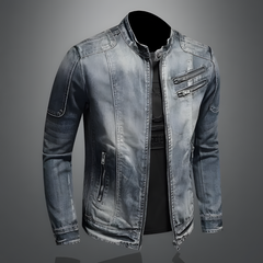 Men’s Vintage Denim Biker Jacket – Distressed Zip-Front Layer with Stand Collar and Multi-Zip Pockets