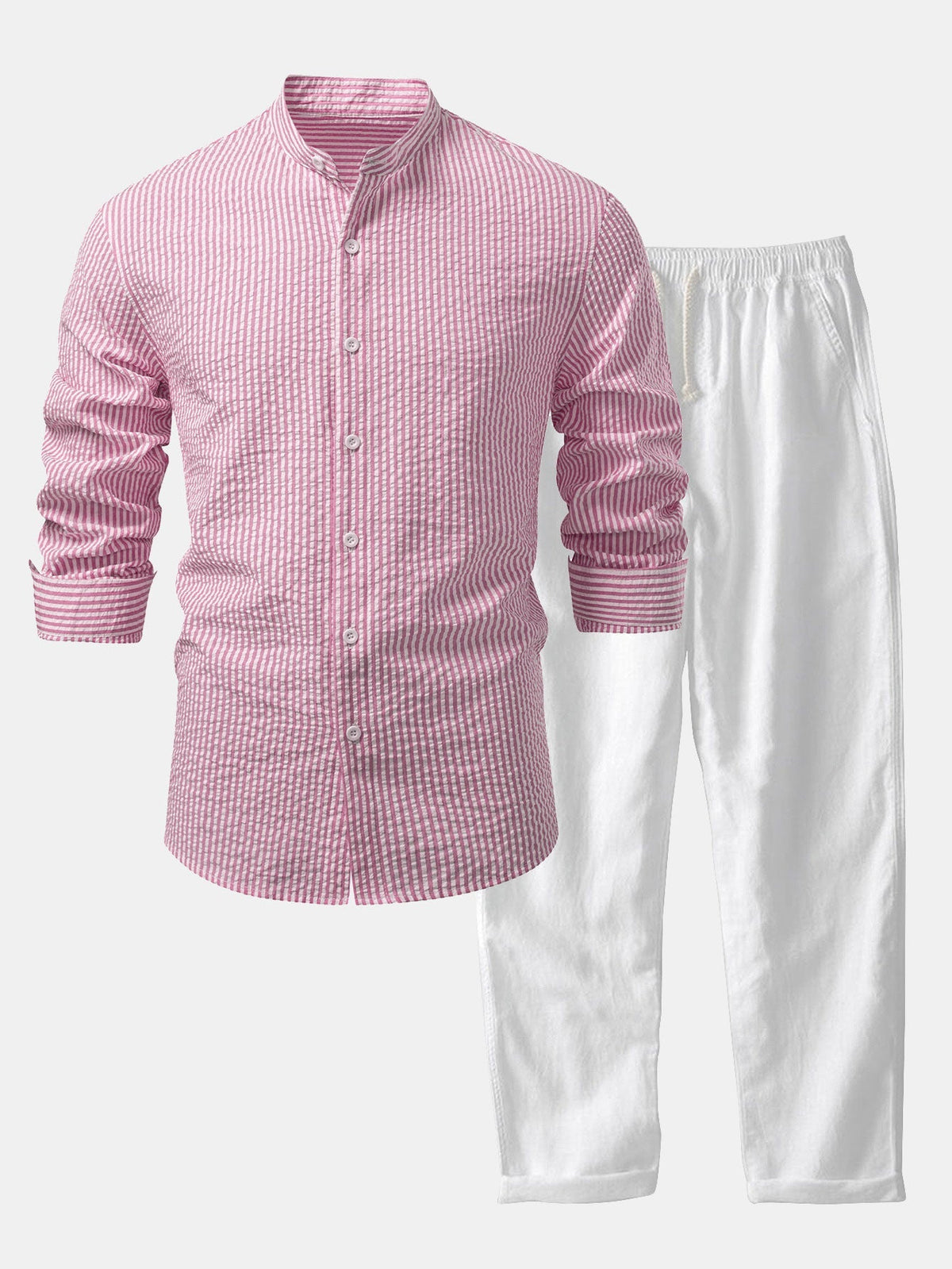 Men’s Lightweight Stand Collar Co-Ord – Seersucker Shirt with Linen Blend Trousers