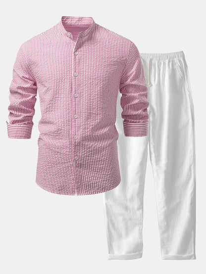 Men’s Lightweight Stand Collar Co-Ord – Seersucker Shirt with Linen Blend Trousers