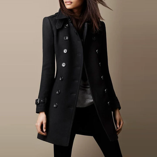 Women’s Trench Coat – Double-Breasted Knee-Length Coat with Sleeve Straps