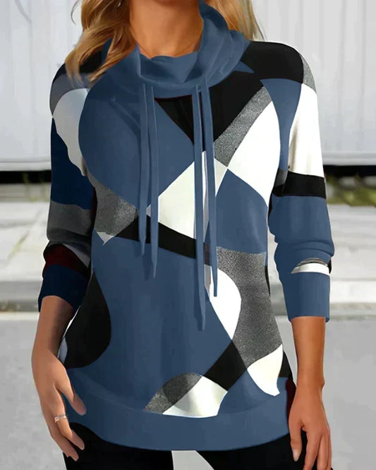 Women’s Abstract Colour-Block Cowl-Neck Sweatshirt – Relaxed Pullover for Stylish Everyday Wear